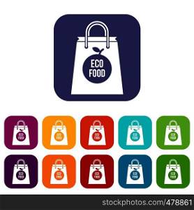 Eco food bag icons set vector illustration in flat style in colors red, blue, green, and other. Eco food bag icons set