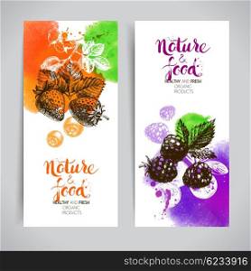 Eco food banners set. Watercolor and hand drawn sketch berries. Farmers market backgrounds. Vector illustration