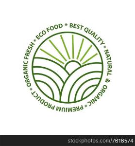 Eco food best quality natural and organic premium product abstract logo with fields and sun in circle. Vector green emblem of vegetarian market or garden isolated. Eco Food Best Quality Natural and Organic Product