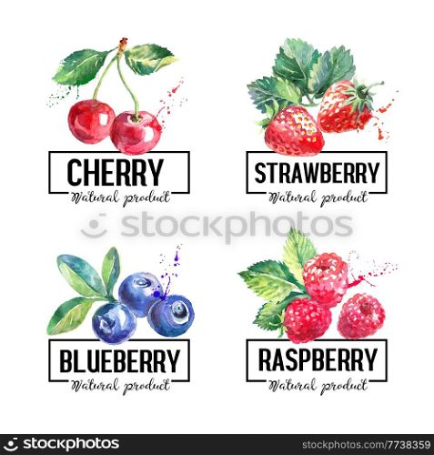 Eco food labels set. Watercolor hand drawn sketch berries. Farmers market logo banners. Vector illustration