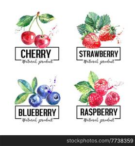 Eco food labels set. Watercolor hand drawn sketch berries. Farmers market logo banners. Vector illustration