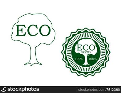 Eco food labels with green tree outline, text Eco and wavy seal with white silhouette of tree and caption Eco Food. Fresh food green labels with tree