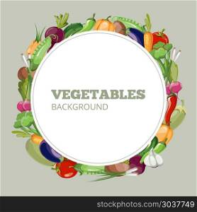 Eco food menu with cartoon vegetables. Vector emblem for organic shop healthy or vegetarian cafe. Menu with vegetables. Vector emblem for organic shop healthy food store or vegetarian cafe. Banner of vegetable with pepper and radish. Cucumber and carrot vegetables menu banner illustration