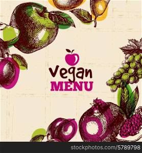 Eco food vegan menu background. Watercolor and hand drawn sketch fruits. Vector illustration