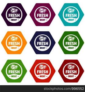 Eco fresh meat icons 9 set coloful isolated on white for web. Eco fresh meat icons set 9 vector