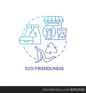 Eco-friendliness blue gradient concept icon. Creative restaurant business abstract idea thin line illustration. Sustainable consumption. Isolated outline drawing. Myriad Pro-Bold font used. Eco-friendliness blue gradient concept icon