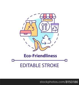 Eco-friendliness concept icon. Creative restaurant business abstract idea thin line illustration. Sustainable consumption. Isolated outline drawing. Editable stroke. Arial, Myriad Pro-Bold fonts used. Eco-friendliness concept icon