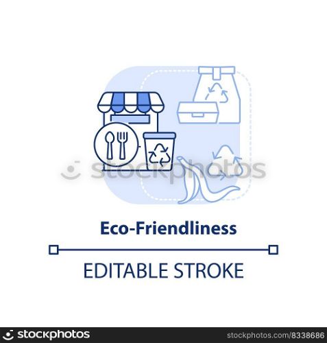 Eco-friendliness light blue concept icon. Unique restaurant business abstract idea thin line illustration. Sustainability. Isolated outline drawing. Editable stroke. Arial, Myriad Pro-Bold fonts used. Eco-friendliness light blue concept icon