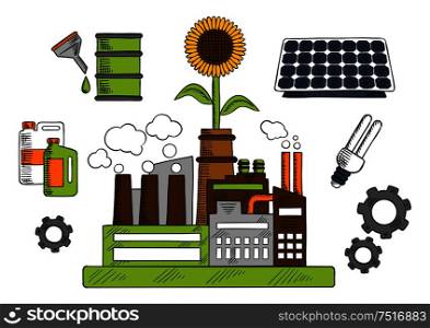 Eco friendly and energy saving factory colorful sketch of industrial plant with solar panel, bio fuel, fluorescent light bulb, mechanical gears and flower above. Use as environment and industrial pollution theme or energy saving design. Eco friendly factory with energy saving symbols