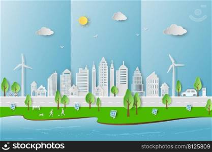Eco friendly and green energy concept with eco city on paper art style,vector illustration