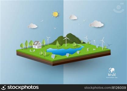 Eco friendly and green energy with house,solar panels and wind turbines,family happy and relax with green nature on isometric landscape background,vector illustration
