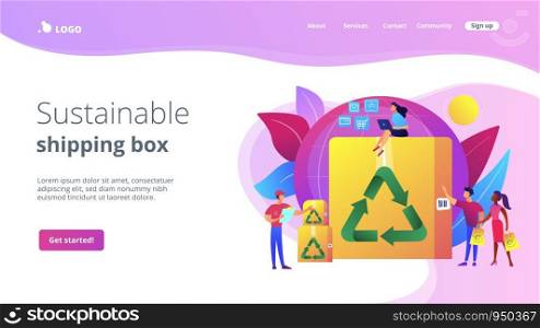 Eco friendly and recyclable container. Low impact packaging, sustainable shipping box, innovative packaging materials, ecommerce trends concept. Website homepage landing web page template.. Low impact packaging concept landing page