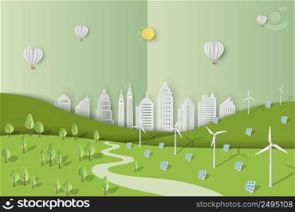 Eco friendly and save the environment conservation concept,green energy and nature landscape background,vector illustration