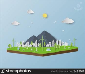 Eco friendly and save the environment conservation concept, isometric landscape with white city on paper art background,vector illustration