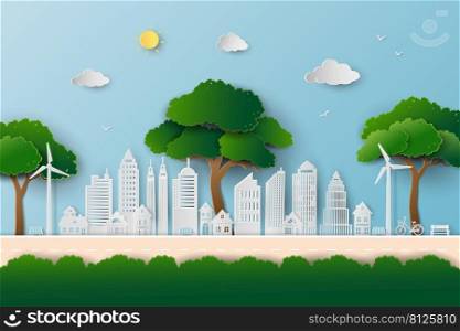 Eco friendly and save the environment conservation concept,landscape with clean city and big trees on paper art style,vector illustration