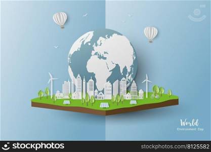 Eco friendly and save the environment conservation concept,paper art clean city on isometric background,vector illustration