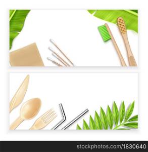 Eco friendly bath and kitchen supplies with utensils toothbrushes soap ear sticks horizontal banners set realistic isolated vector illustration. Eco Supplies Banners