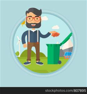 Eco-friendly caucasian hipster man throwing away a garbage in a green trash on the background of solar panels and wind turbines. Vector flat design illustration in the circle isolated on background.. Man throwing away trash vector illustration.