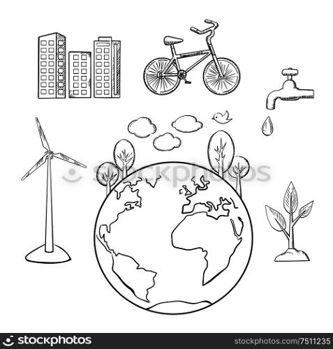 Eco friendly city, green energy and natural resources protection sketched icons. Environment and ecology symbols, vector sketch. Environment, green energy and ecology sketches