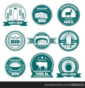 Eco friendly dairy farm emblems set with organic cottage cheese and fresh milk abstract isolated vector illustration. Eco farm milk dairy products emblems