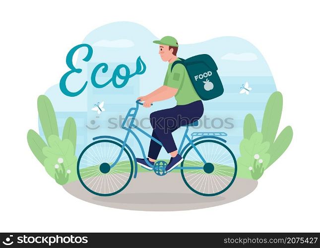 Eco friendly delivery 2D vector isolated illustration. Sustainable service. Courier on bicycle flat character on cartoon background. Alternative sustainable shipment colourful scene. Eco friendly delivery 2D vector isolated illustration