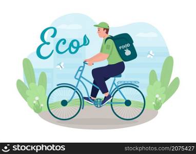Eco friendly delivery 2D vector isolated illustration. Sustainable service. Courier on bicycle flat character on cartoon background. Alternative sustainable shipment colourful scene. Eco friendly delivery 2D vector isolated illustration