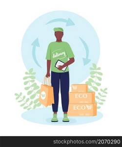 Eco friendly delivery flat concept vector illustration. Bio packages. Professional courier in uniform isolated 2D cartoon character on white for web design. Order shipment service creative idea. Eco friendly delivery flat concept vector illustration