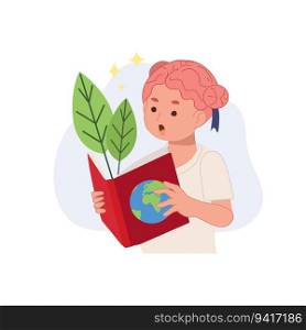 Eco-friendly education concept. young little kid girl reading book about nature and Earth. green leaves came out from book.