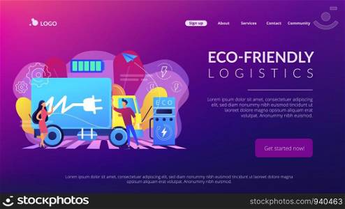 Eco-friendly elecrtic truck with plug charging battery at the charger station. Electric truck, eco-friendly logistics, modern transportation concept. Website vibrant violet landing web page template.. Electric trucks concept landing page.