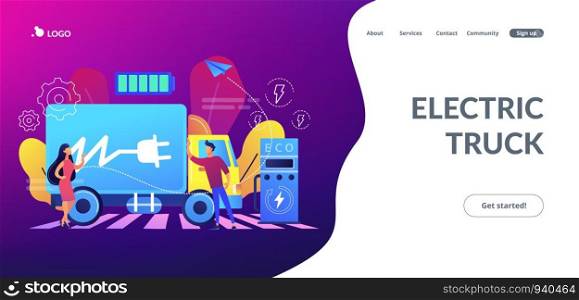 Eco-friendly elecrtic truck with plug charging battery at the charger station. Electric truck, eco-friendly logistics, modern transportation concept. Website vibrant violet landing web page template.. Electric trucks concept landing page.
