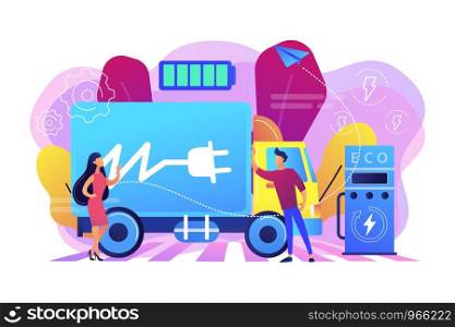 Eco-friendly elecrtic truck with plug charging battery at the charger station. Electric truck, eco-friendly logistics, modern transportation concept. Bright vibrant violet vector isolated illustration. Electric trucks concept vector illustration.