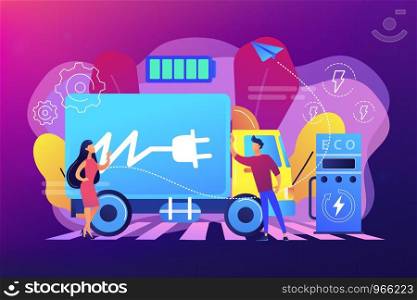 Eco-friendly elecrtic truck with plug charging battery at the charger station. Electric truck, eco-friendly logistics, modern transportation concept. Bright vibrant violet vector isolated illustration. Electric trucks concept vector illustration.