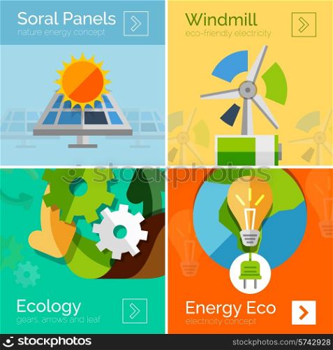 Eco-friendly energy flat design concepts, banners. Solar panels and sun, windmill, Earth and light bulb