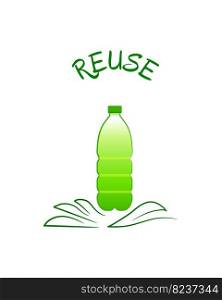 Eco friendly, environmental conceptual poster. Green plastic bottle in a symbolic palm in shape of leaves, with the word Reuse. Elegant emblem, card, label in minimalistic cartoon style. Reuse conceptual image of plastic bottle, ecology