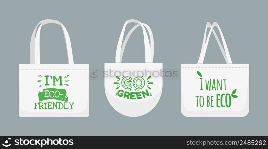 Eco friendly fabric bag collection, cotton material. Vector eco fabric isolated, ecology shopping reusable textile illustration. Eco friendly fabric bag collection, cotton material