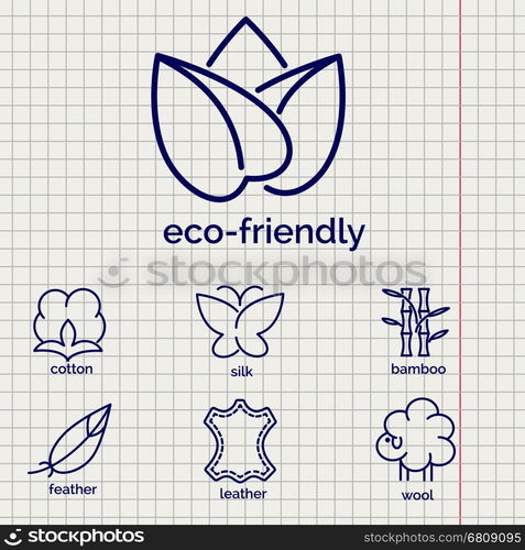 Eco-friendly fabric feature icons. Eco-friendly fabric feature vector icons. Line icons of cotton wool silkleather and feather