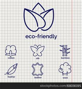 Eco-friendly fabric feature icons. Eco-friendly fabric feature vector icons. Line icons of cotton wool silkleather and feather