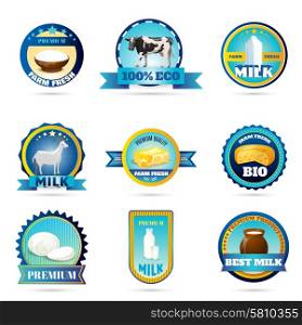 Eco friendly farm fresh dairy products labels set for organic goat milk cheese abstract isolated vector illustration. Eco farm milk dairy products labels