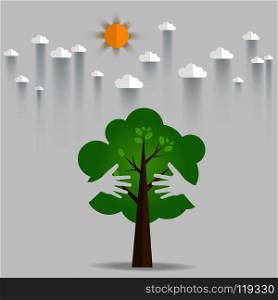 Eco friendly hands hug concept green tree.Environmentally friendly natural landscape.Vector illustration