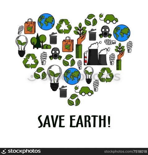 Eco friendly heart icon with colored sketches of light bulbs with green leaves, recycling symbols and paper bags, hands with plants and earth globes, trees, electric cars, fuming pipes and gas masks. Eco icons creating a heart symbol, sketch style