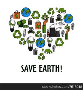 Eco friendly heart icon with colored sketches of light bulbs with green leaves, recycling symbols and paper bags, hands with plants and earth globes, trees, electric cars, fuming pipes and gas masks. Eco icons creating a heart symbol, sketch style