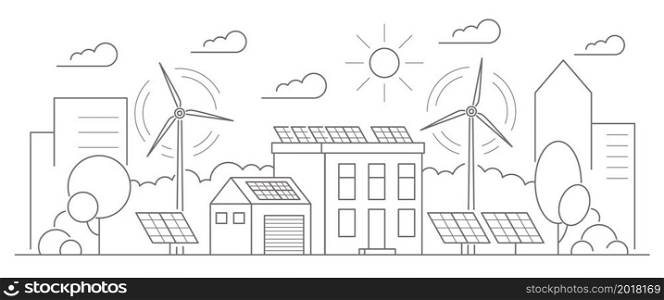 Eco friendly modern house. Alternative wind energy station. Solar panels, wind power. Environment concept vector outline illustration. Eco friendly modern house. Alternative wind energy station. Solar panels, wind power. Environment concept vector outline illustration.