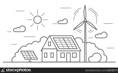 Eco friendly modern house. Alternative wind energy station. Solar panels, wind power. Environment concept vector outline illustration. Eco friendly modern house. Alternative wind energy station. Solar panels, wind power. Environment concept vector outline illustration.