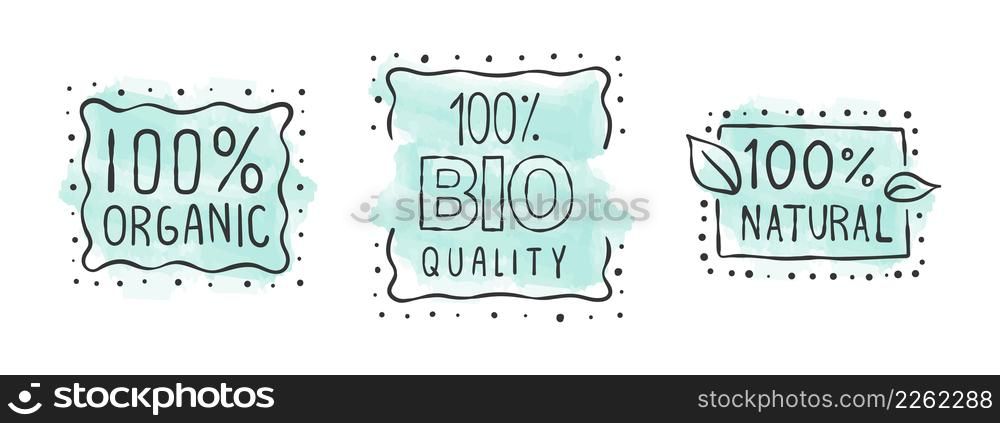 Eco-friendly . Organic product icons. Icons of natural food. Hand-drawn icons. Vector illustration