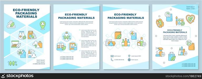 Eco-friendly packaging materials brochure template. Flyer, booklet, leaflet print, cover design with linear icons. Vector layouts for presentation, annual reports, advertisement pages. Eco-friendly packaging materials brochure template
