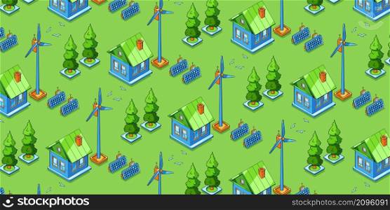 Eco friendly power generation, green energy seamless isometric pattern. House with solar panels and wind turbines, landscape with rural cottage, windmills and sun batteries 3d Vector line art ornament. Green energy generation seamless isometric pattern