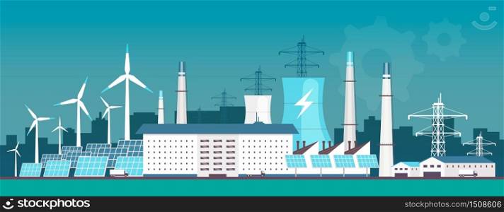 Eco friendly power plant flat color vector illustration. Alternative energy factory 2D cartoon landscape with wind turbines and solar panels on background. Environmentally safe electricity source
