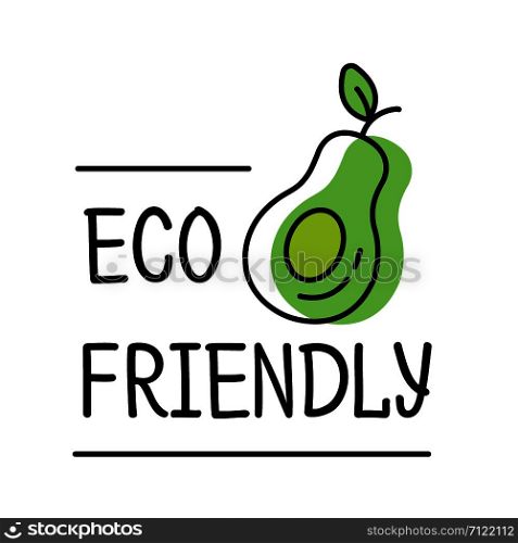 Eco friendly product label logo in line style with green avocado text, design template for packaging, vector illustration. Eco friendly product label logo in line style with green avocado text, design template for packaging, vector illustration.