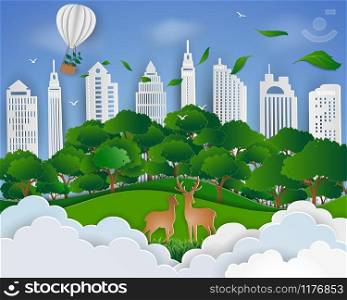 Eco friendly save the world and environment concept,Paper art landscape with deer family and urban city background,vector illustration