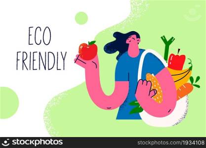 Eco friendly sustainable lifestyle concept. Young smiling woman cartoon character holding eco friendly bag with fresh products fruits from grocery market vector illustration . Eco friendly sustainable lifestyle concept